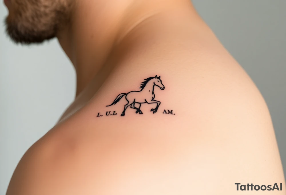 horse silhouette 
from the front which gallops from the front, with the 3 small letters discreetly integrated: L, A, M tattoo idea