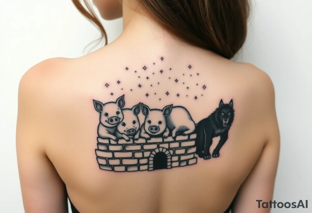 Three little pigs nursery rhyme hiding in a brick house from the big bad wolf tattoo idea