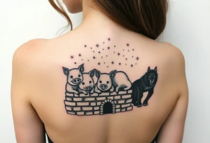 Three little pigs nursery rhyme hiding in a brick house from the big bad wolf tattoo idea
