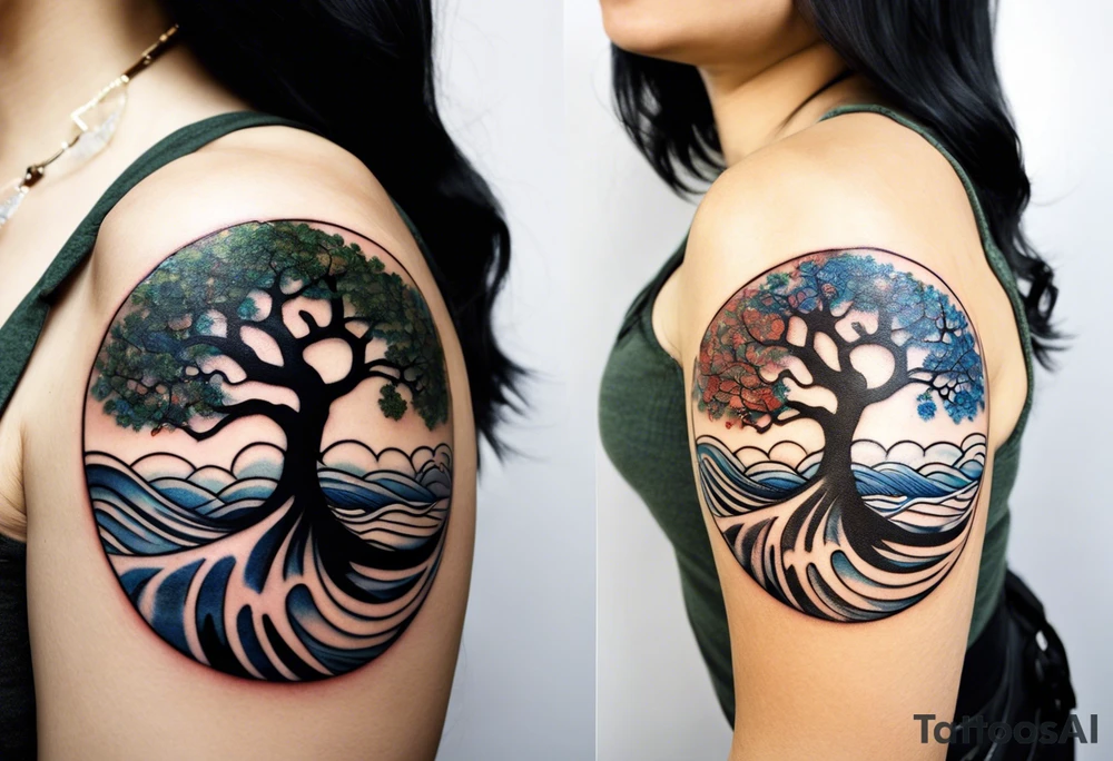 A tattoo of an abstract Tree of Life tattoo to be placed directly on the bicep of a woman. It can wrap around the arm a little. It should have roots growing out of the bottom. The roots slowly turn into water from the Great Wave by Hokusai. A golf flag should be placed discreetly growing out of the ground. 2 license plate tags should be hanging from the tree. Place a few music notes in the areas the leaves should be. The letters A U should be engraving into the tree trunk in a heart. tattoo idea