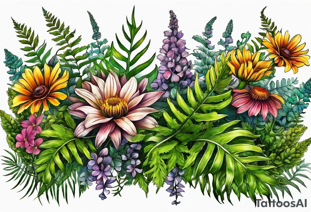 horizontal mixed wildflower with ferns and with color tattoo idea