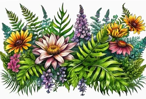 horizontal mixed wildflower with ferns and with color tattoo idea
