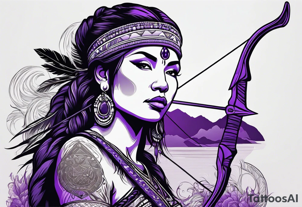native woman female archer with bead headband sitting on a purple buffalo standing still tattoo idea