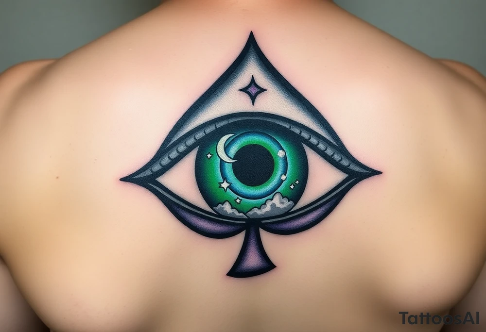 Large outline of an eye almond shaped with a spade for the eyeball + eyecolor greenish blue with a crescent moon stars and clouds inside of the spade eyeball using vivid colora like green purple and blue tattoo idea