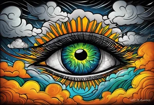 simple eyeball with a blue/green iris on top of dark stormy clouds with orange/yellow lightning coming from the clouds tattoo idea