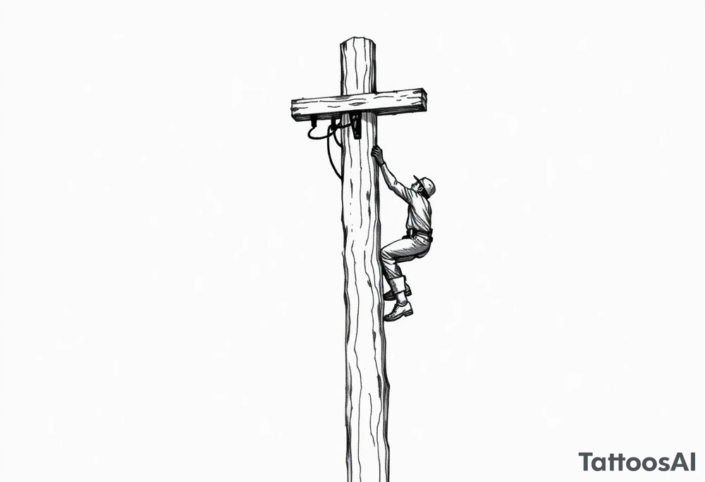 power lineman climbing a wooden 12kv pole. Make the pole a cross that has a hidden resemblance to god. tattoo idea
