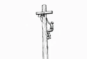 power lineman climbing a wooden 12kv pole. Make the pole a cross that has a hidden resemblance to god. tattoo idea