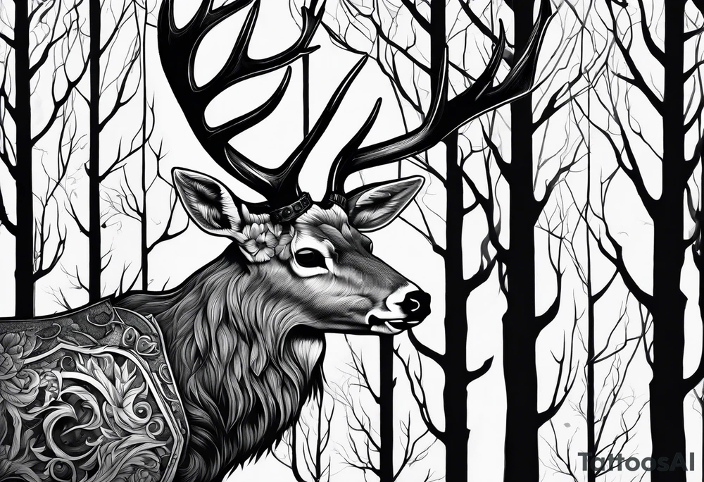 A side view of a dead deer skull surrounded by trees and fire tattoo idea