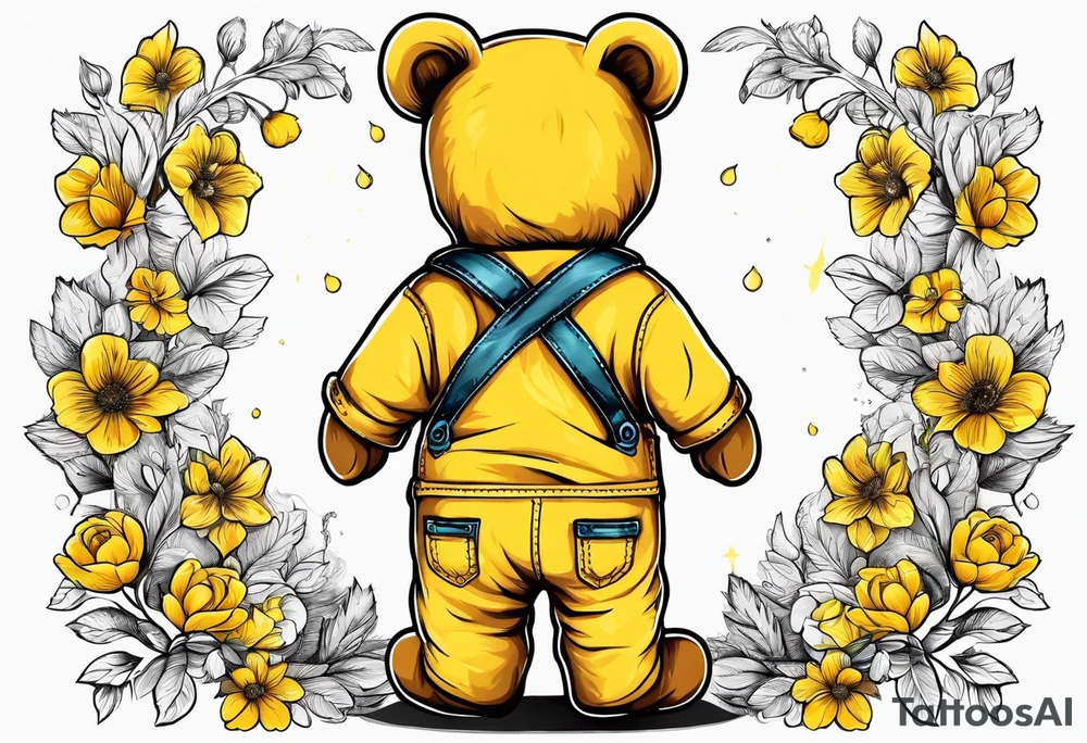 the back of a standing teddy bear in yellow overalls tattoo idea