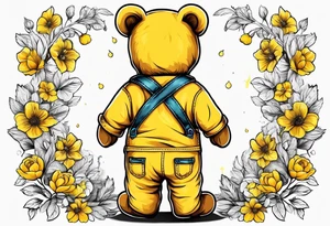 the back of a standing teddy bear in yellow overalls tattoo idea