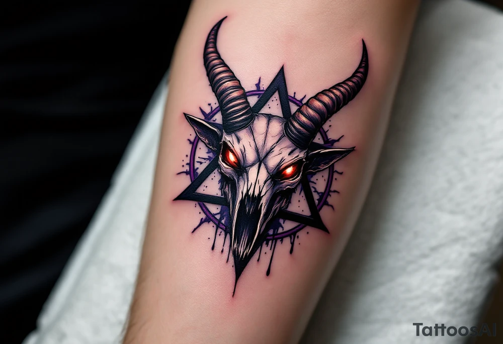 A demonic goat skull with glowing red eyes, fused into a dark purple pentagram - five pointed star, dripping with shadows. tattoo idea