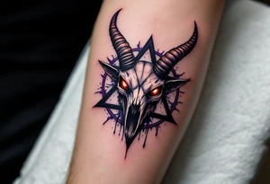 A demonic goat skull with glowing red eyes, fused into a dark purple pentagram - five pointed star, dripping with shadows. tattoo idea