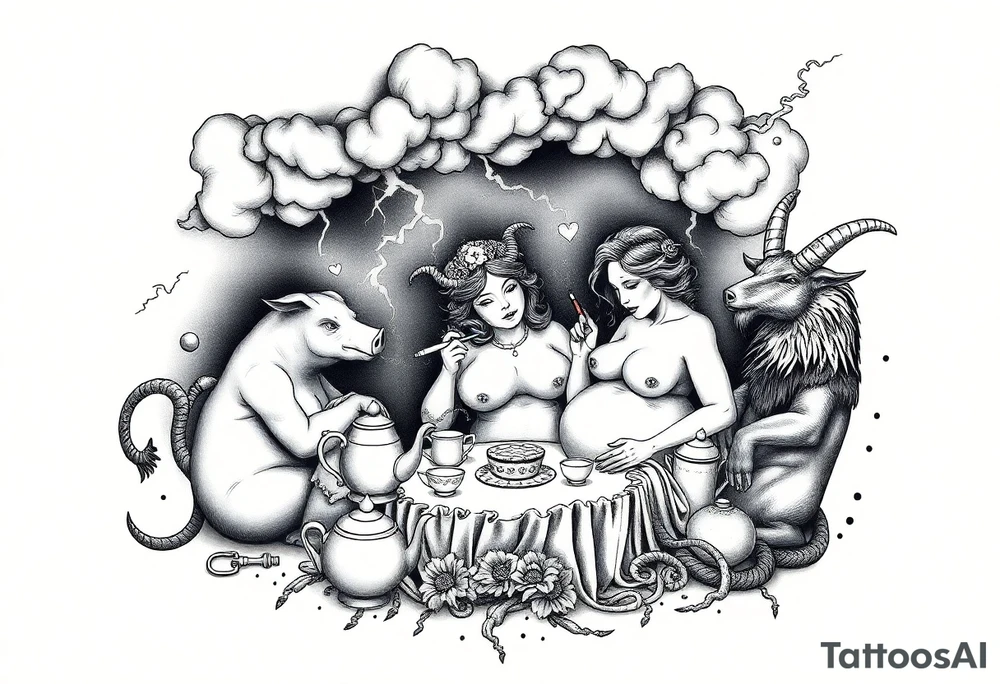 Storm lightening clouds gothic sexy naked fat lady having a tea party with tea pots and 
with a pig, peacock, noose, lion, goat, smoking cigerettes looking in the mirror having sex with a man eating a cake thru storm clouds with razor blades and broken hearts and darkness and wrath, envy , gluttony, greed, sloth, pride kill tattoo idea