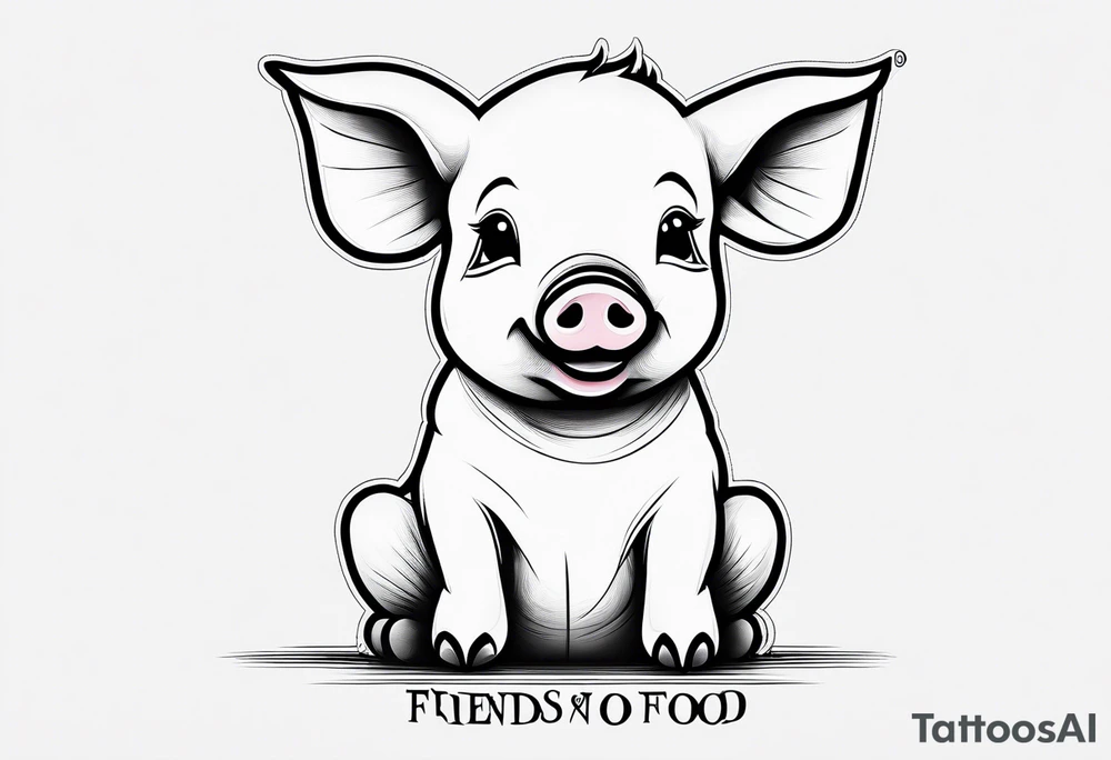 cute piglet sitting on bum. thin lines minimal shading, black and white only, with text "friends not food", white background tattoo idea
