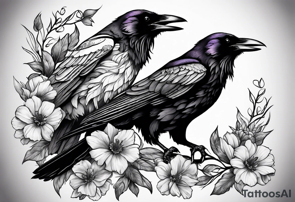 Three Ravens and Flowers or nature tattoo idea
