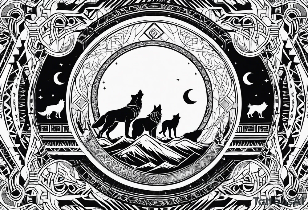 futuristic tribal theme design with moon and wolves and arabic words for forearms tattoo idea