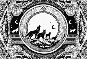 futuristic tribal theme design with moon and wolves and arabic words for forearms tattoo idea