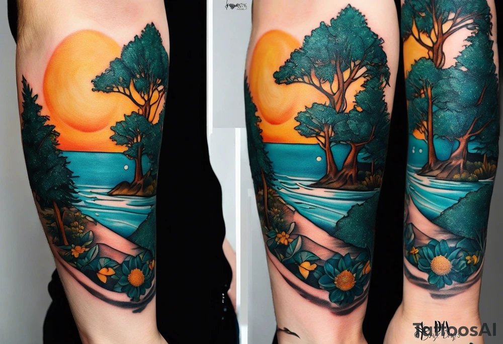 Small norma arm tattoo. Black kite (Daya's name), nature (trees/sea), small sunflower. Soft colours tattoo idea