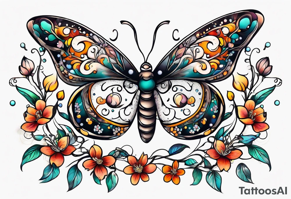 Winding branches and leaves and tiny flowers with a small moth and bubbles tattoo idea