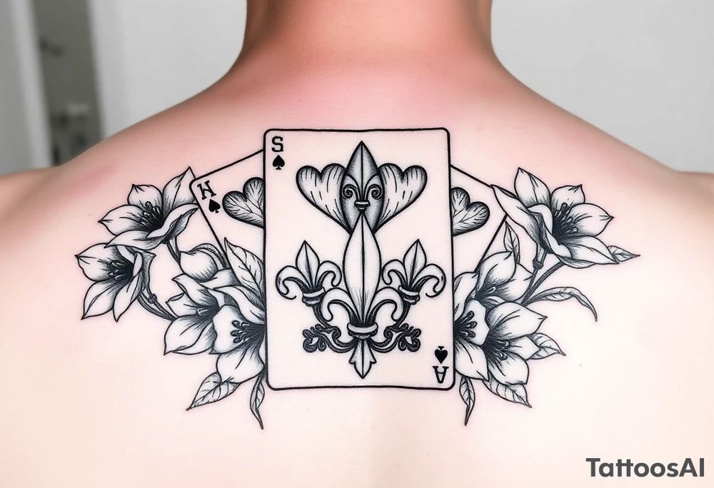 SIX of hearts card with 6 fleur de lis as the hearts and magnolias in the background tattoo idea