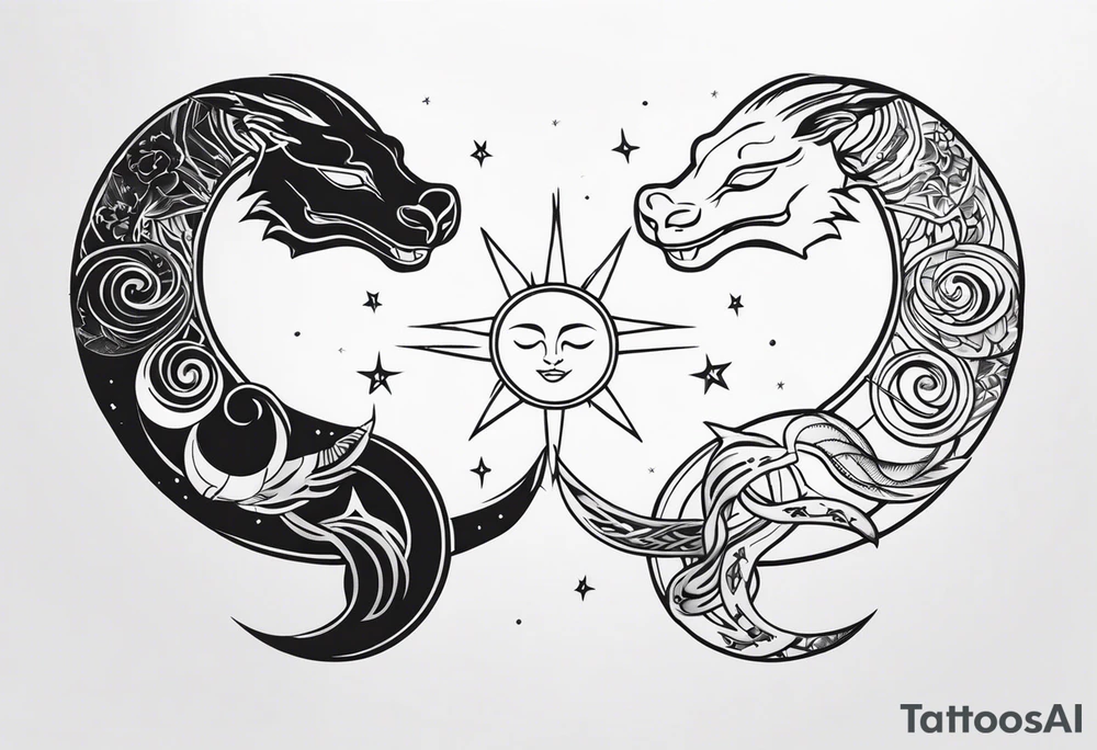 Matching tattoo of sun and moon with a snake tattoo idea