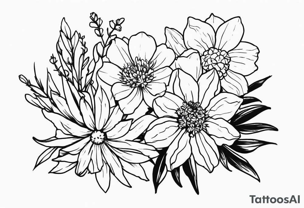 Aster and larkspur bouquet tattoo idea