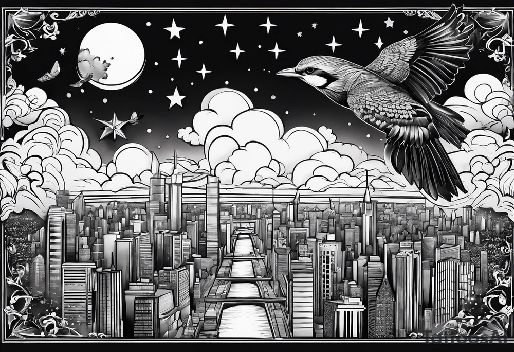 stars, clouds, birds, city tattoo idea