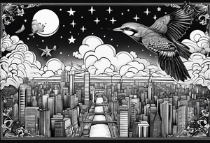 stars, clouds, birds, city tattoo idea