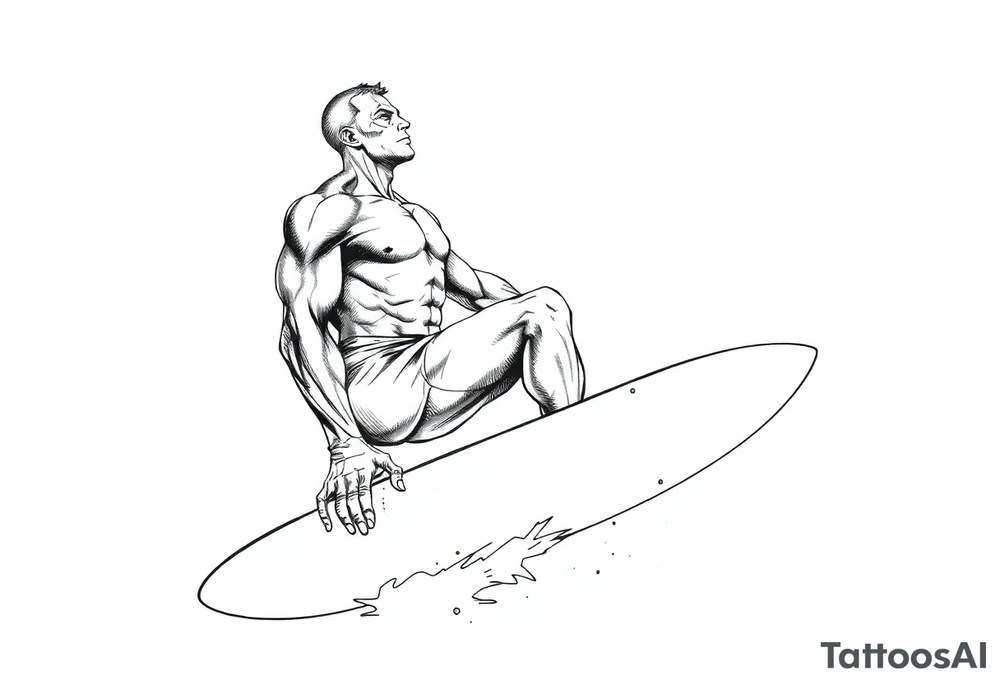 comic hero silver surfer on his board looking over in deep thought as he is in the sky tattoo idea