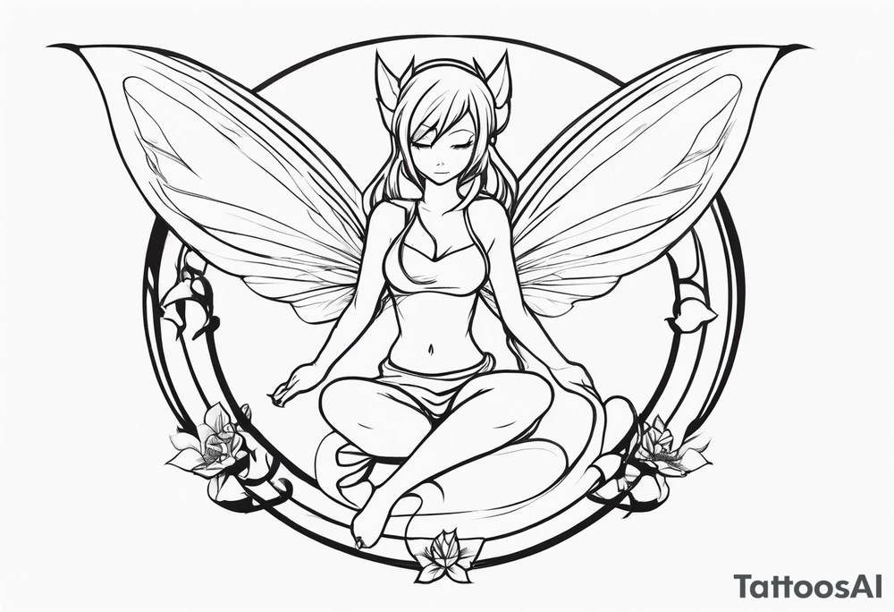 No color sketch of a fairy with a tail inspired by the guild symbol in the anime show called Fairy Tail in a fetal position leaning forward while crawled in with hands a bit forward and her body is an angle while floating in the air tattoo idea
