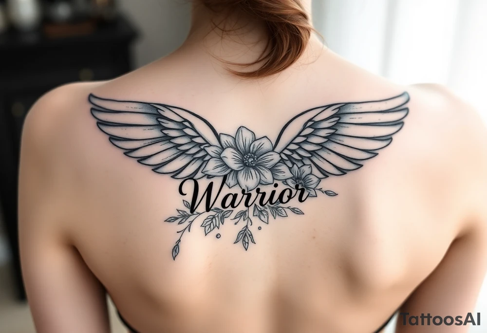 beautiful single angel wing with majestic flowers with word "Warrior" tattoo idea