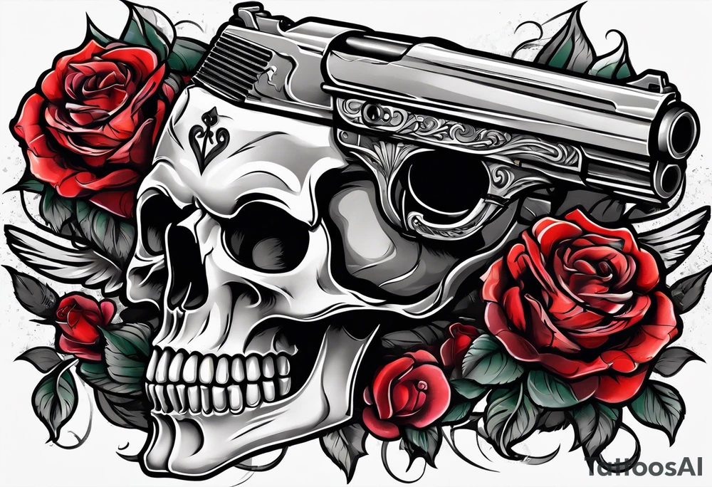 skull with a gun a  rose and a heart tattoo idea