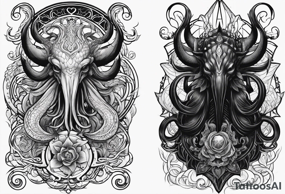 Lovecraftian creature. Protecting heart. Long tattoo for sleeve. Vertical. tattoo idea