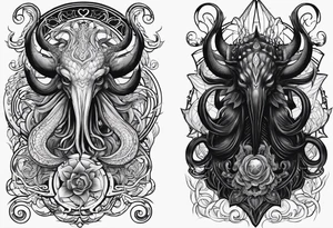 Lovecraftian creature. Protecting heart. Long tattoo for sleeve. Vertical. tattoo idea