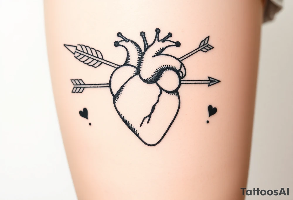 anatomical heart pierced by ornate arrow with flowing ribbons tattoo idea