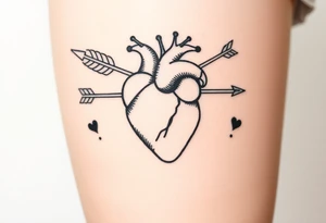 anatomical heart pierced by ornate arrow with flowing ribbons tattoo idea