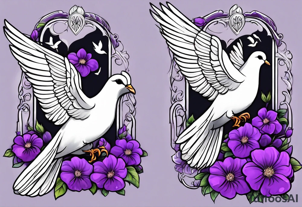 Purple flowers with a small realistic white dove coming from heaven to commemorate somebody that passed away. tattoo idea