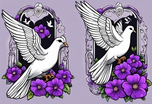 Purple flowers with a small realistic white dove coming from heaven to commemorate somebody that passed away. tattoo idea