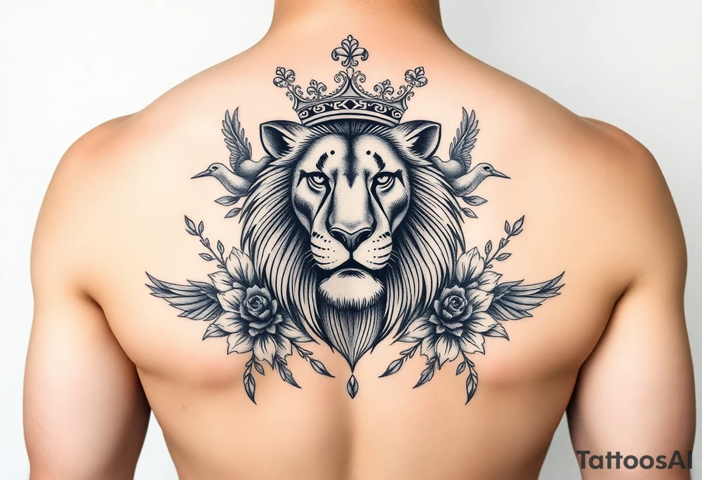 powerful majestic lion with a crown, surrounded by floral ornaments and birds tattoo idea