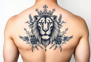 powerful majestic lion with a crown, surrounded by floral ornaments and birds tattoo idea