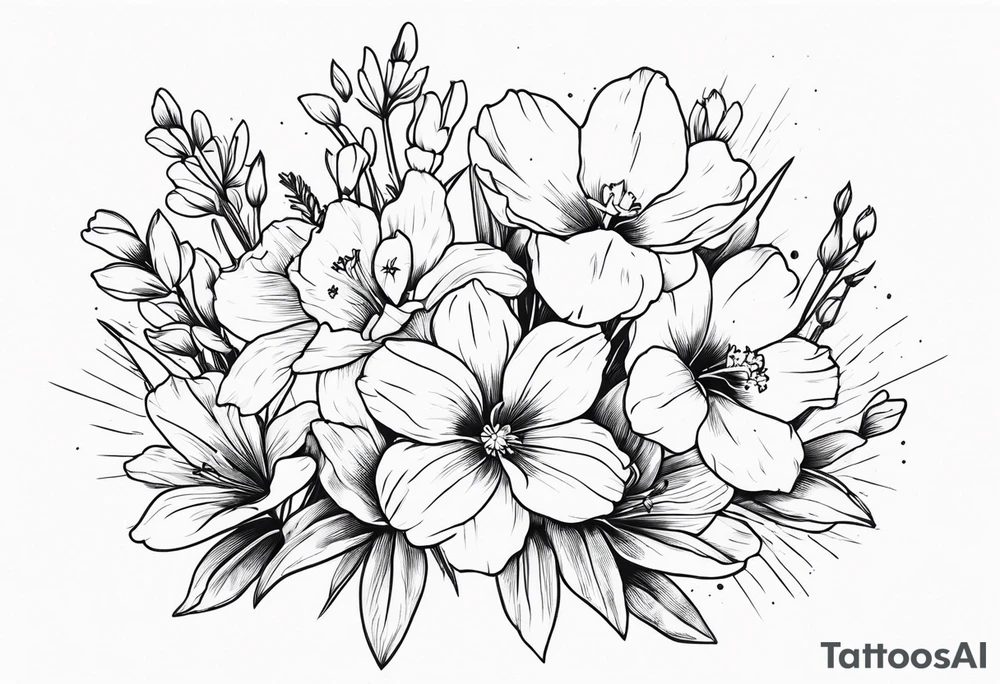 a minimalist style line art tattoo of a bouquet of violets, daffodils, gladiolus, and cosmos tattoo idea