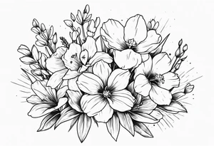 a minimalist style line art tattoo of a bouquet of violets, daffodils, gladiolus, and cosmos tattoo idea