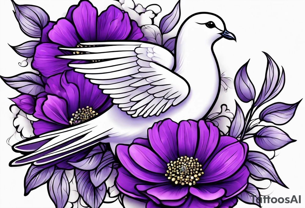 Purple flowers with a white dove to conmemorate somebody that passed away tattoo idea