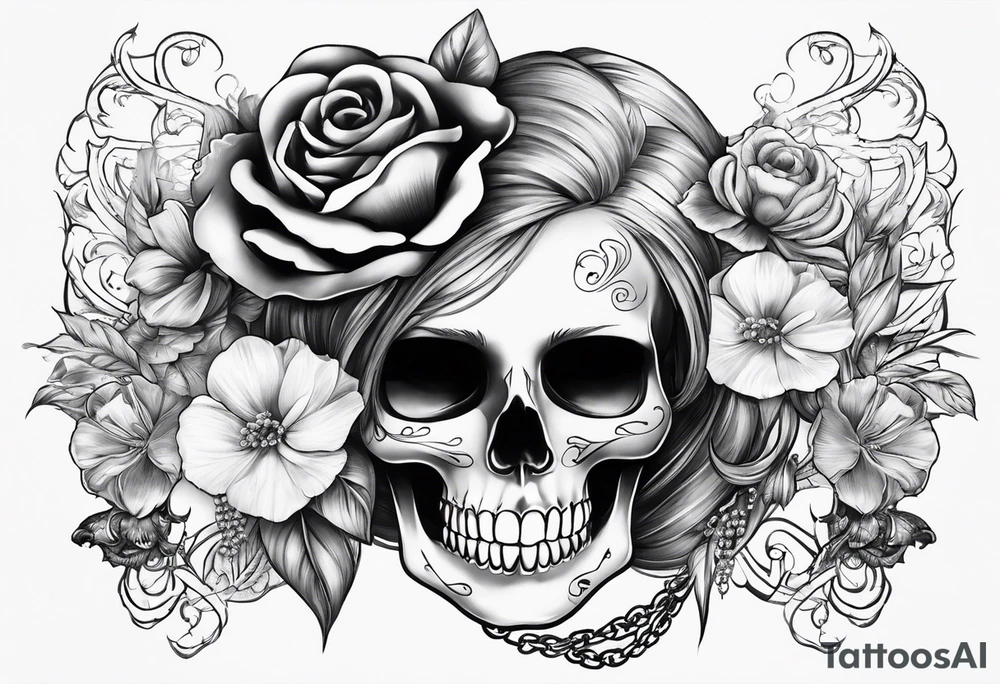 Draw me a Lady like skull with smoke out of his mouth add some flowers underneath with some ornamentals and Chains under it tattoo idea