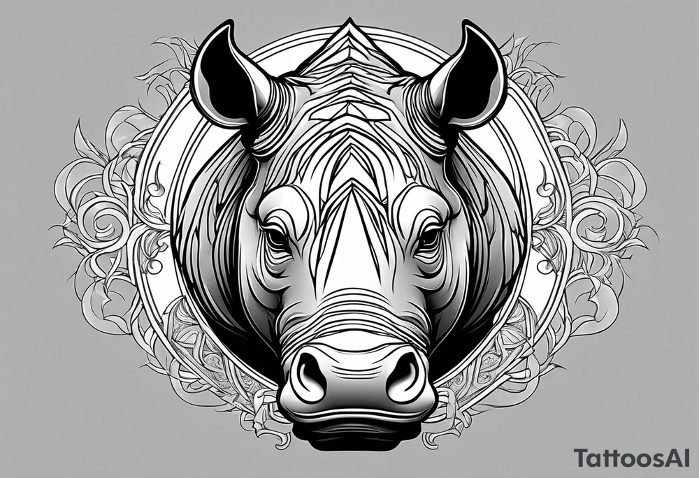 A charging front-facing rhino head with a sharp elongated tusk that is angry and fierce. Ears pointed straight up and forward a bit. Eyes that pierce your soul. A snarling jowel tattoo idea