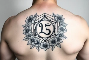 Dotted Line hexagon with Leo astrological symbol surrounded by larkspurs and water lilies tattoo idea