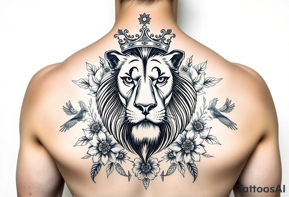 powerful majestic lion with a crown, surrounded by floral ornaments and birds tattoo idea