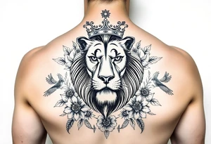 powerful majestic lion with a crown, surrounded by floral ornaments and birds tattoo idea