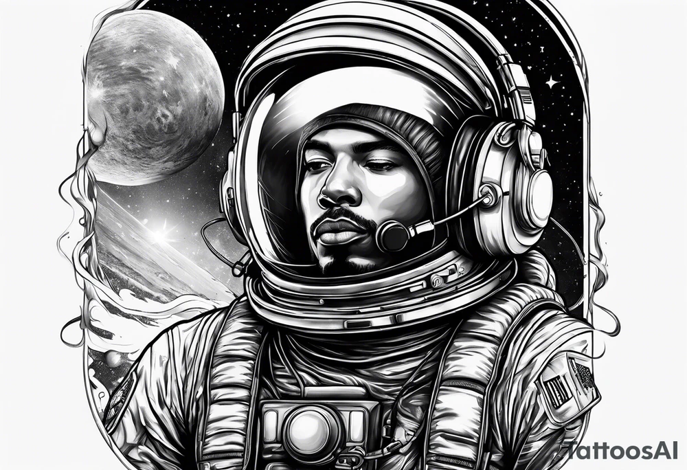 Astronaut with boxing gloves and headphones on emerging from yhe universe tattoo idea
