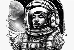 Astronaut with boxing gloves and headphones on emerging from yhe universe tattoo idea